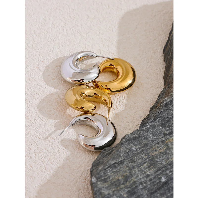 Women’s Chunky C-Shape Stainless Steel Earrings - 18K Plated Waterproof Jewelry