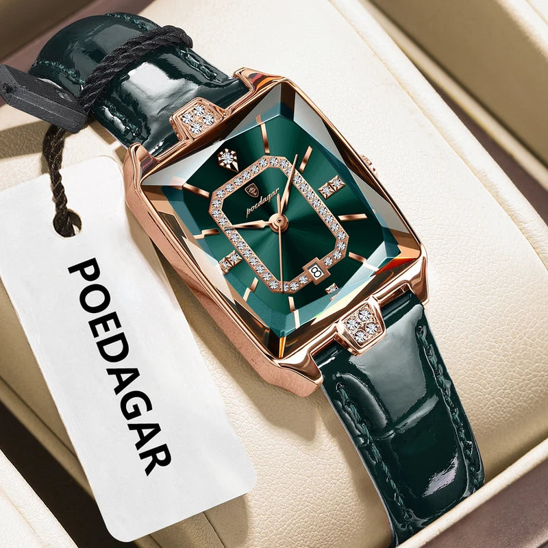 Women’s Waterproof Leather Watch with Date Function - Rectangle Quartz Watch