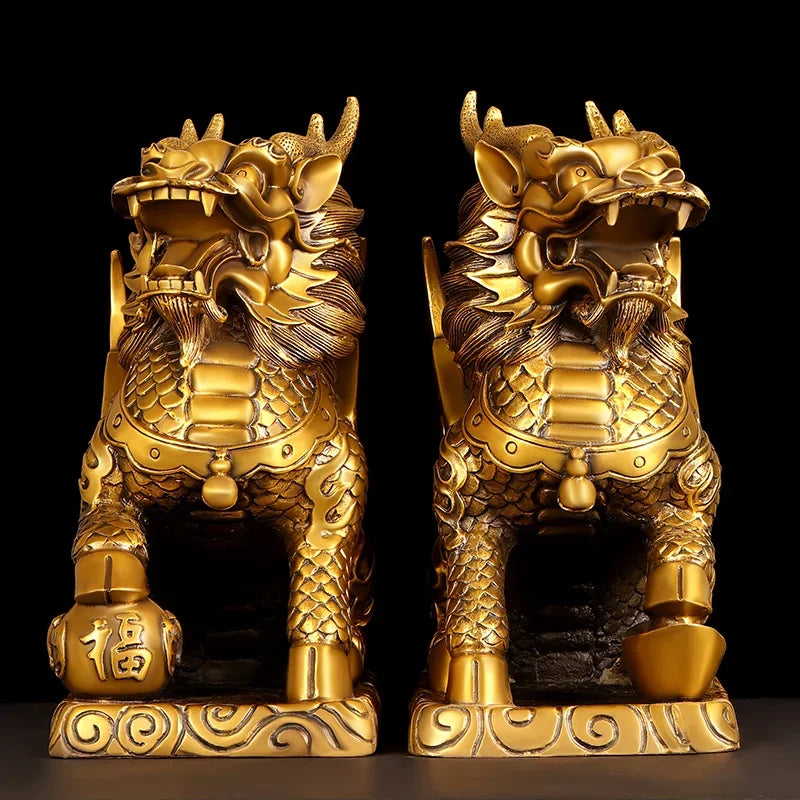Feng Shui Copper Unicorn Ornament with Yuanbao for Home Office Decor