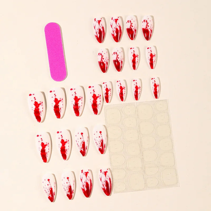 24Pcs Halloween Fake Nails with Red Blood Design - Press On Full Cover Manicure Set