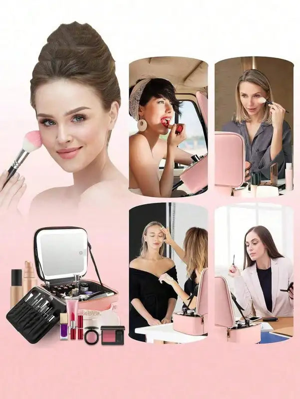 Travel Makeup Bag with LED Lighted Mirror, Large Capacity Rechargeable Cosmetic Organizer Case for Women