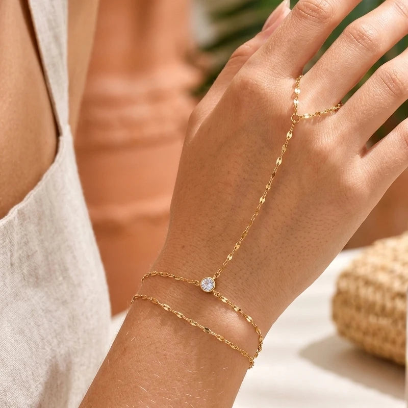 Adjustable Gold Plated Stainless Steel Hand Chain Ring Bracelet for Women - Summer Party Jewelry