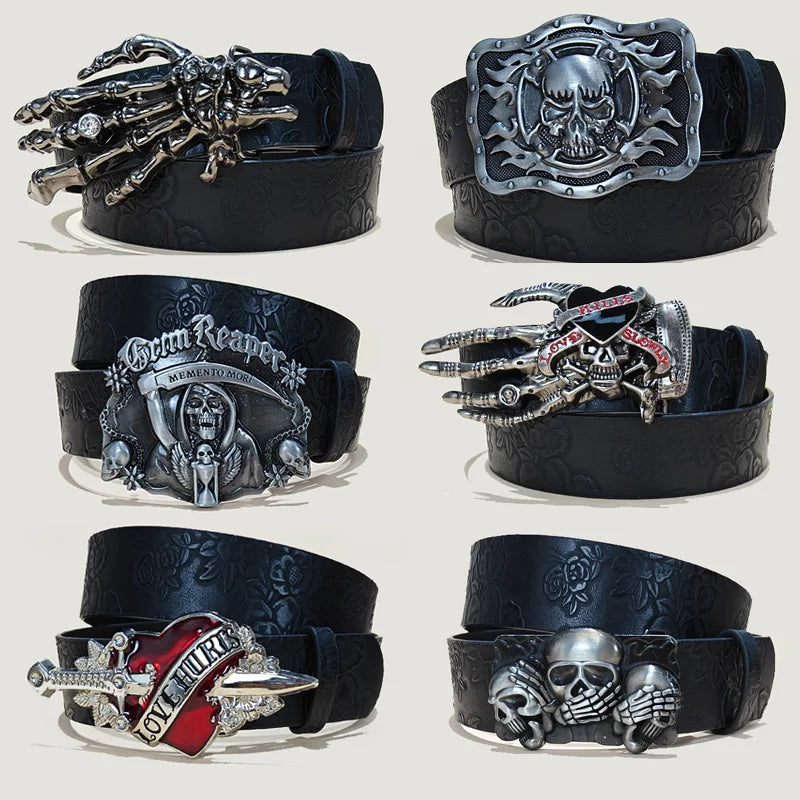 Unisex Punk Skull Leather Belt with Skeleton Hand Embossed Design for Gothic Halloween Accessories