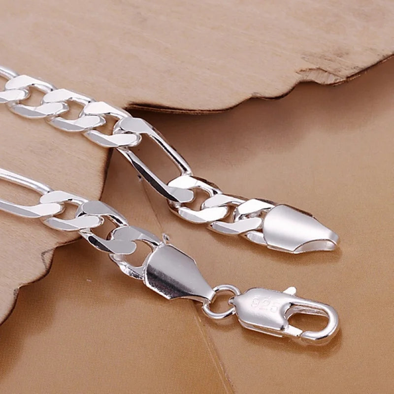 8mm Silver Chain Bracelet for Women Men Wedding Jewelry Figaro Style