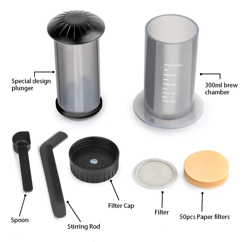 Portable 300ml AeroPress Coffee Maker with Filter Paper Kit and Grinder