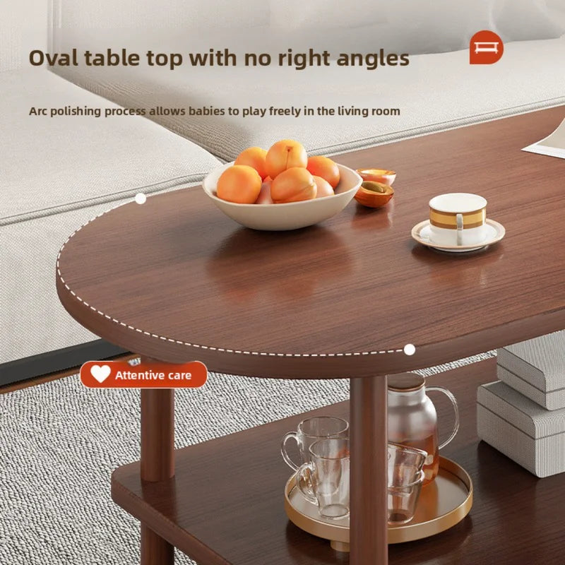 Modern Oval Coffee Table with Double-Layer Storage for Small Spaces, Child-Safe & Easy to Clean