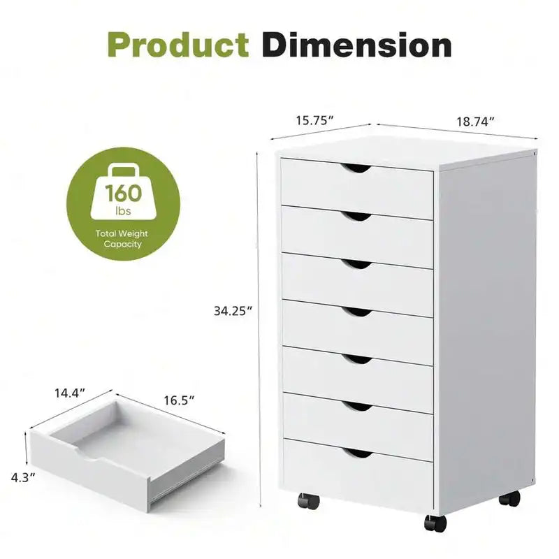 7-Drawer Portable Storage Cabinet on Wheels for Office Bedroom Organization, White