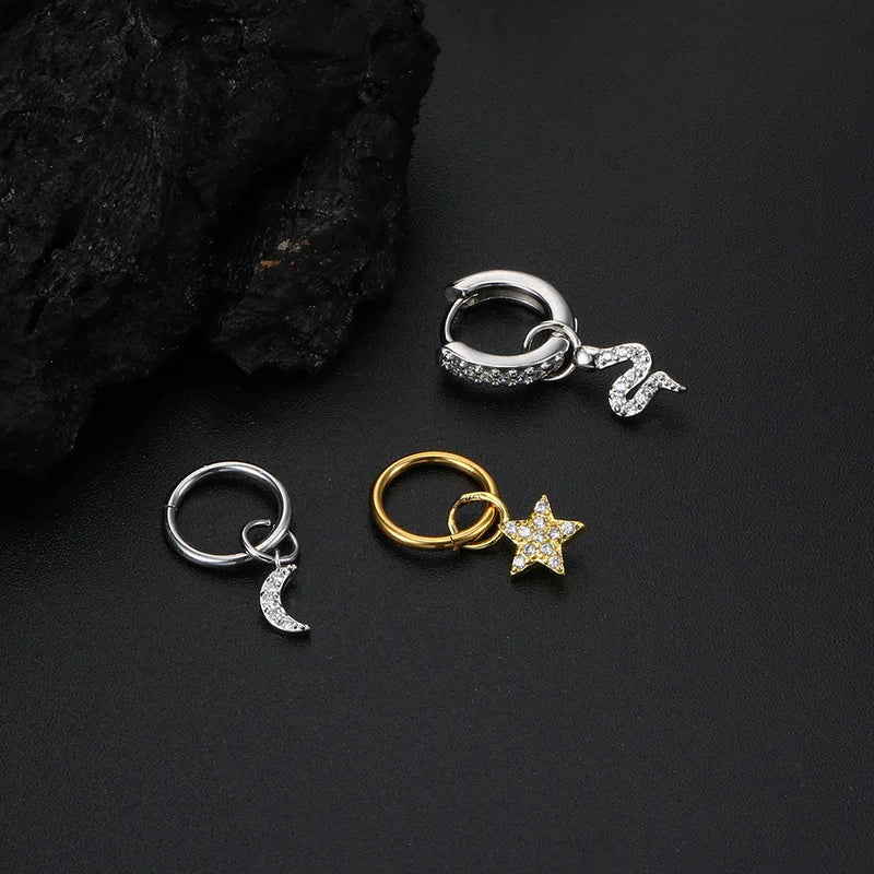 Little Star Moon Snake Crystal Charms Pendant Helix Daith Earrings for Women