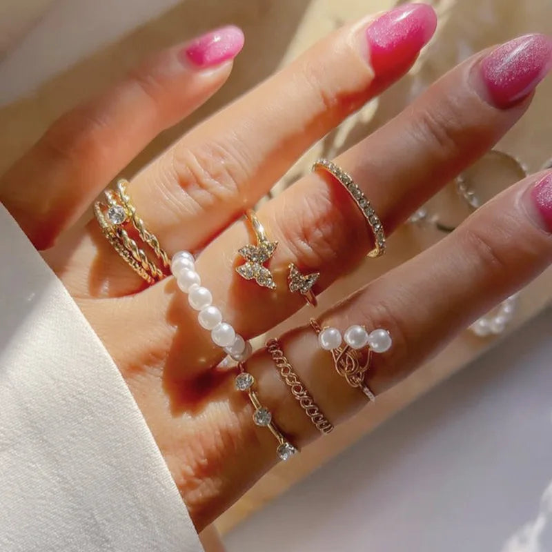 Bohemian Pearl Ring Set for Women - Vintage Gothic Rhinestone Jewelry Gift