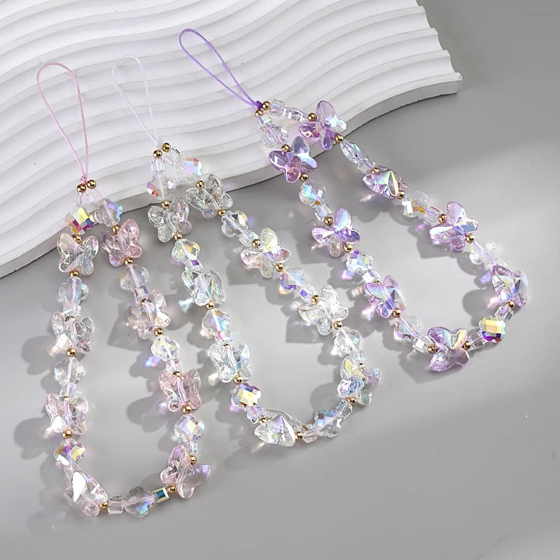 Women Girl Acrylic Phone Charm with Butterfly Design - Transparent Drop Lanyard Jewelry