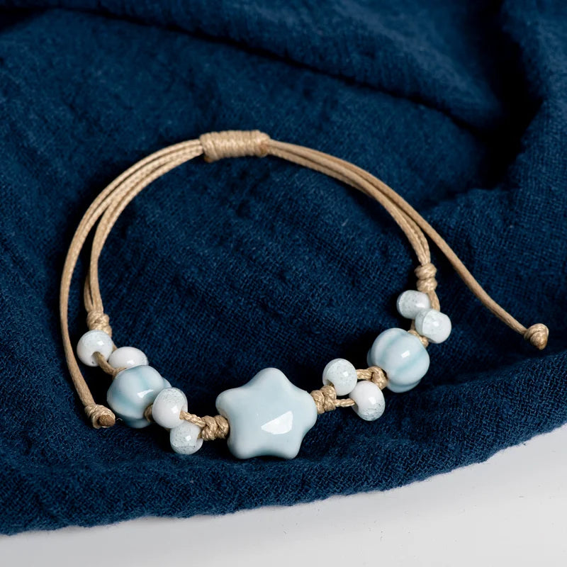 Adjustable Handmade Ceramic Star Bracelet Vintage Crackle Glaze Womens Jewelry