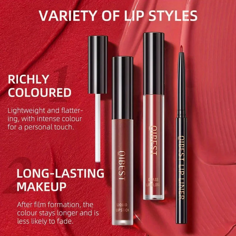 3-in-1 Lipstick Lip Liner Lip Gloss Set for Women Waterproof Long Lasting