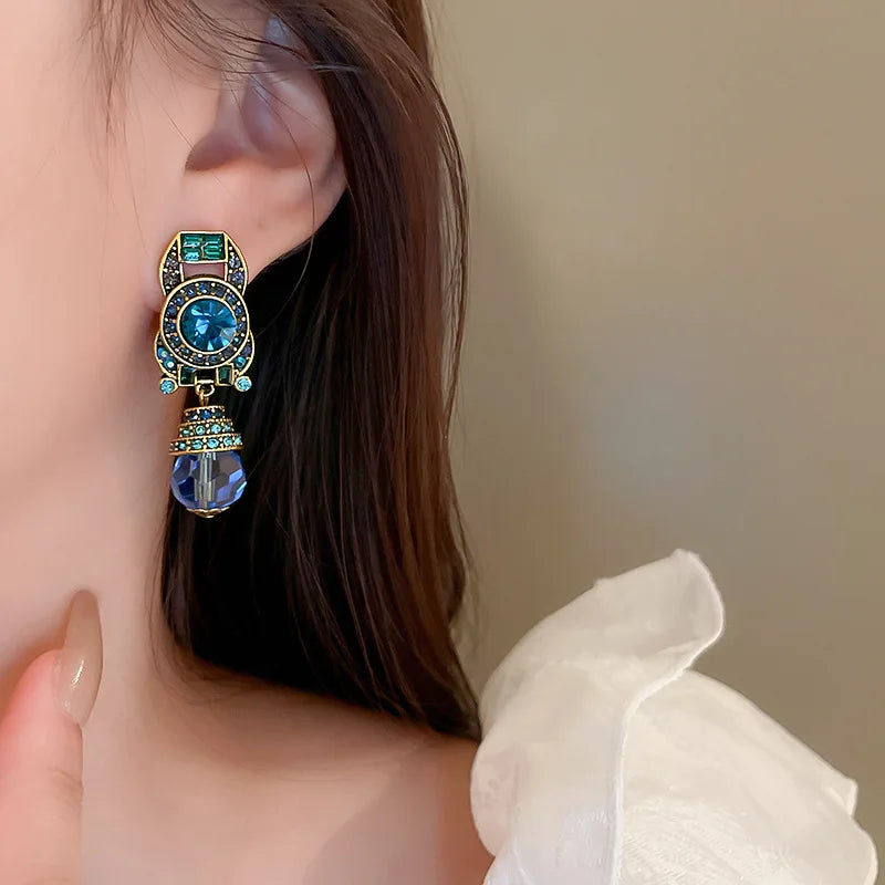 Vintage Blue Water Drop Crystal Earrings for Women - Rhinestones, Round Ear Clips, Retro Party Jewelry