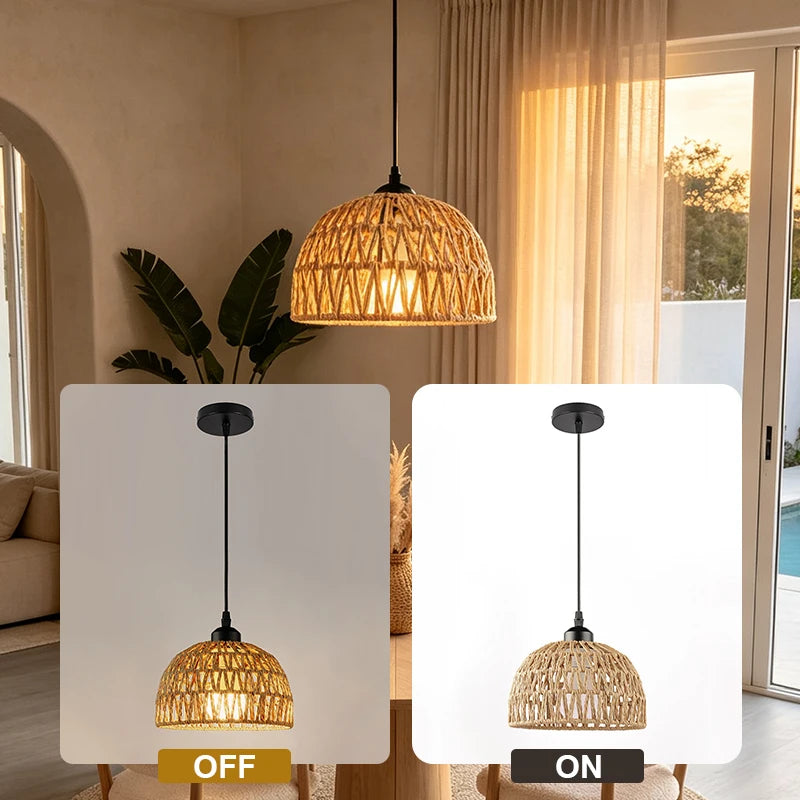 Boho Rattan Pendant Light 20cm Ceiling Lamp for Living Room Kitchen Modern Decor