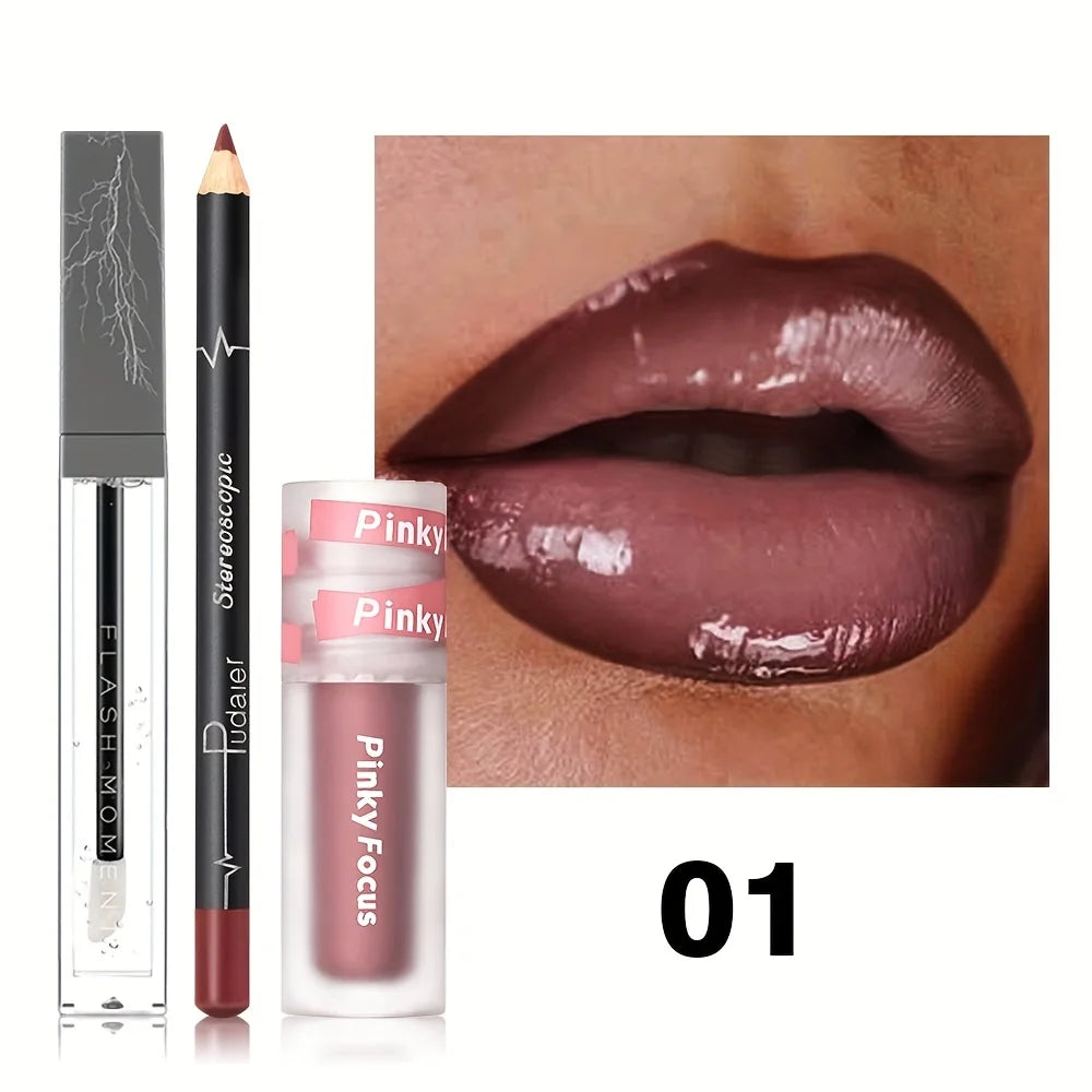 3-Piece Lip Makeup Set - Gloss, Lip Oil & Lip Liner - Nourishing, High Shine