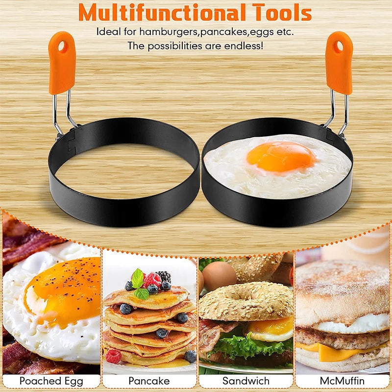 Stainless Steel Egg Ring Set Pancake Mold with Silicone Handle - Kitchen Utensils