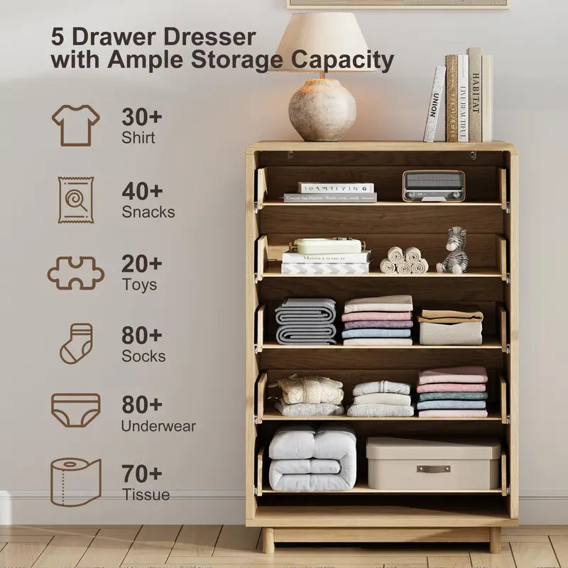 Modern 5-Drawer Wood Dresser with Handle-Free Curved Edges - Bedroom & Living Room Storage