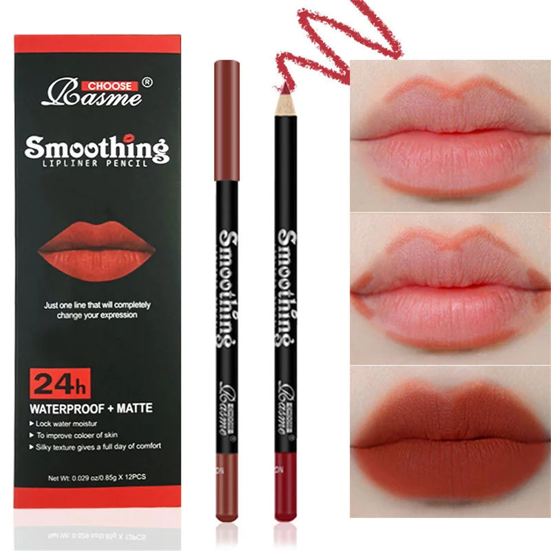 12 Colors Waterproof Matte Lip Liner Set Long Lasting Non-Transfer Lip Contour Pencil