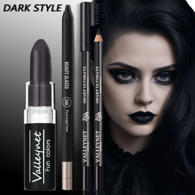 Dark Punk Makeup Set - 3 Pieces Matte Black Lipstick, Lip Liner & Waterproof Eyeliner for Halloween