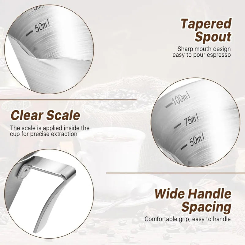 Stainless Steel Espresso Cups with Handle and V-Shaped Spout - Coffee and Dessert Measuring Cups with Scale