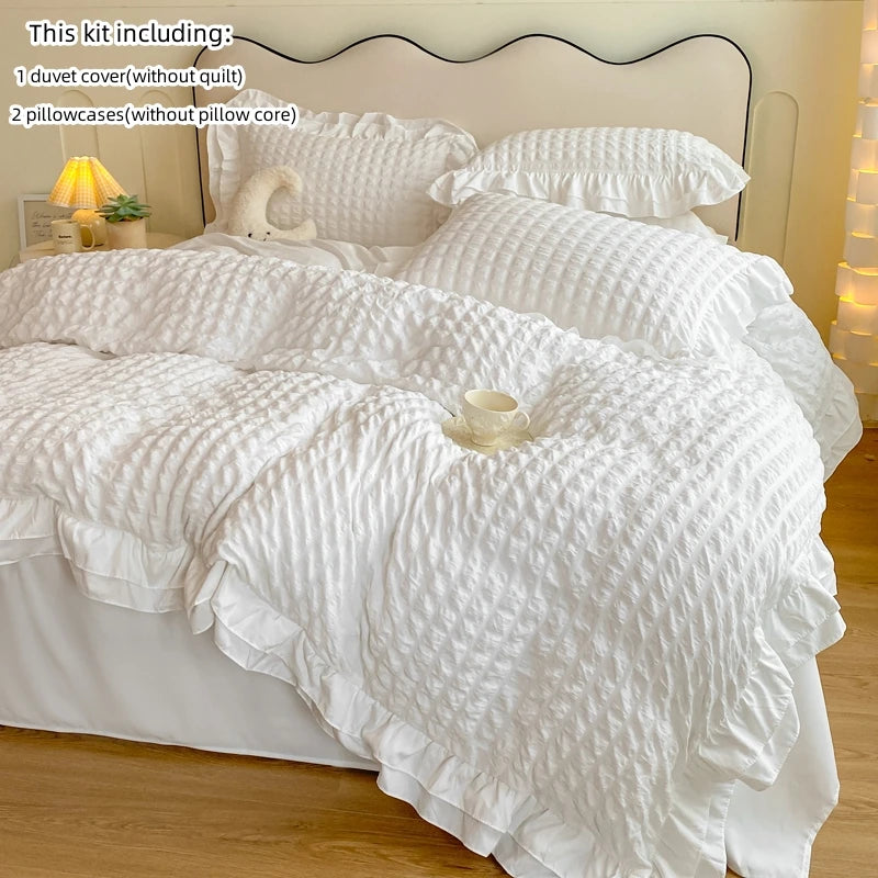 Korean Lace Bedding Set 3 Pieces Seersucker Duvet Cover and Pillowcases