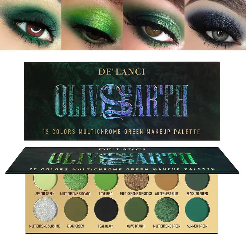 Vegan Multichrome Eyeshadow Palette - 12 Green & Shimmer Shades for Creative Looks