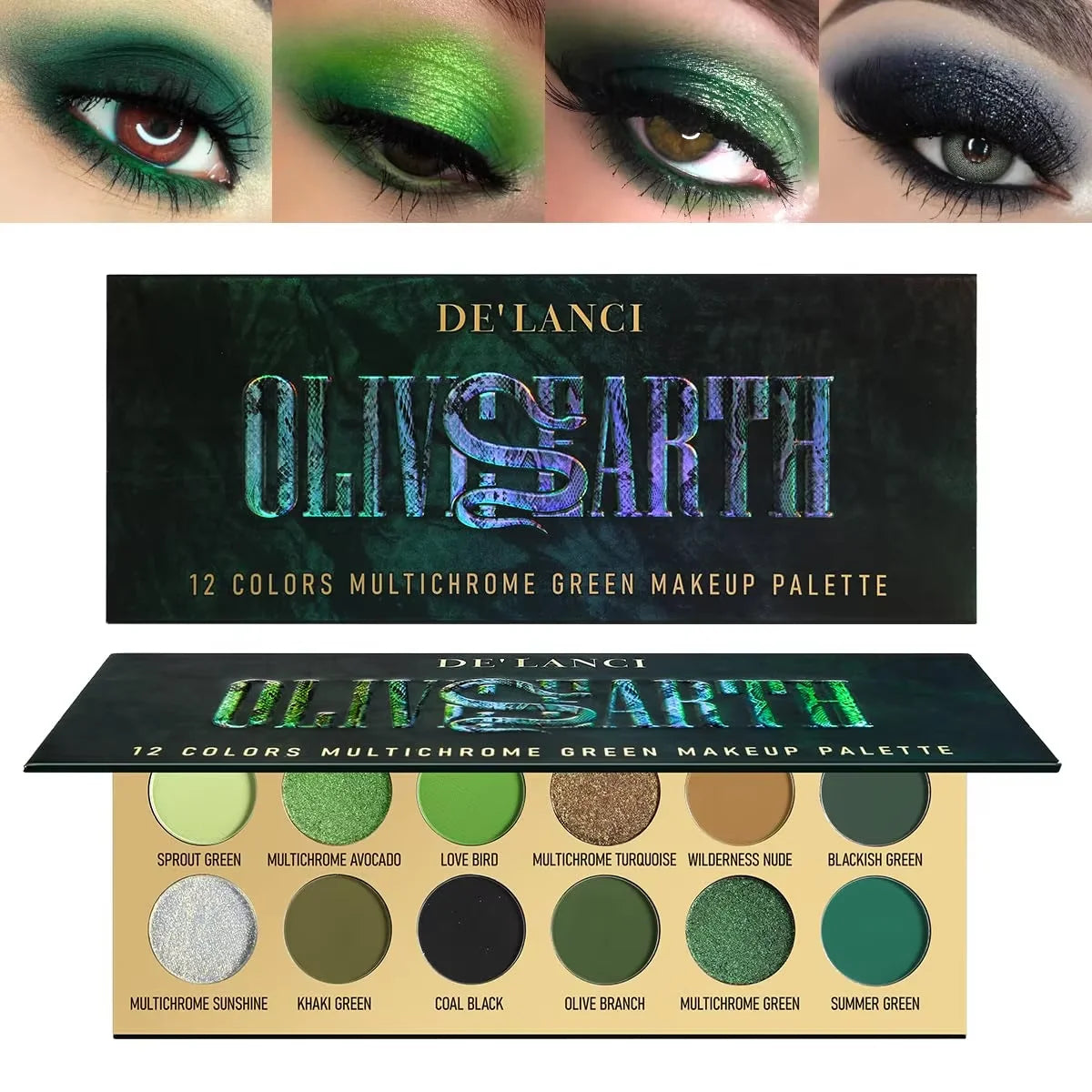 Vegan Multichrome Eyeshadow Palette - 12 Green & Shimmer Shades for Creative Looks