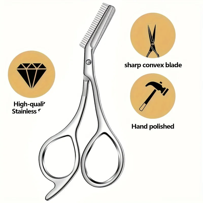 Stainless Steel Eyebrow Scissors with Comb Precision Grooming Tool for Face Care