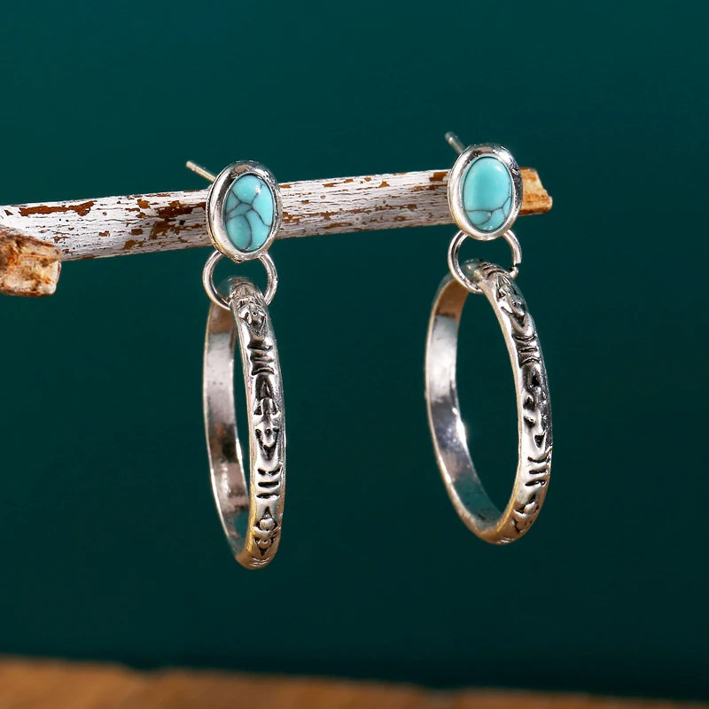 Vintage Metal Circle Earrings with Red Stone Bohemian Jewelry for Women