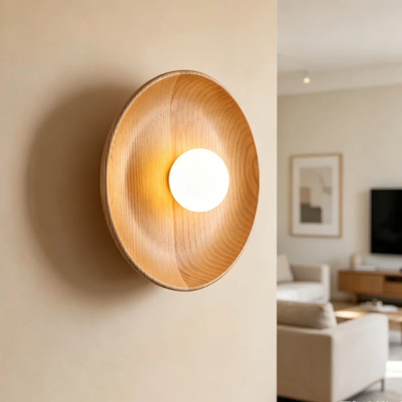 Nordic Wooden Wall Lamp with Round Shade - Modern Minimalist Wall Light for Bedroom & Living Room