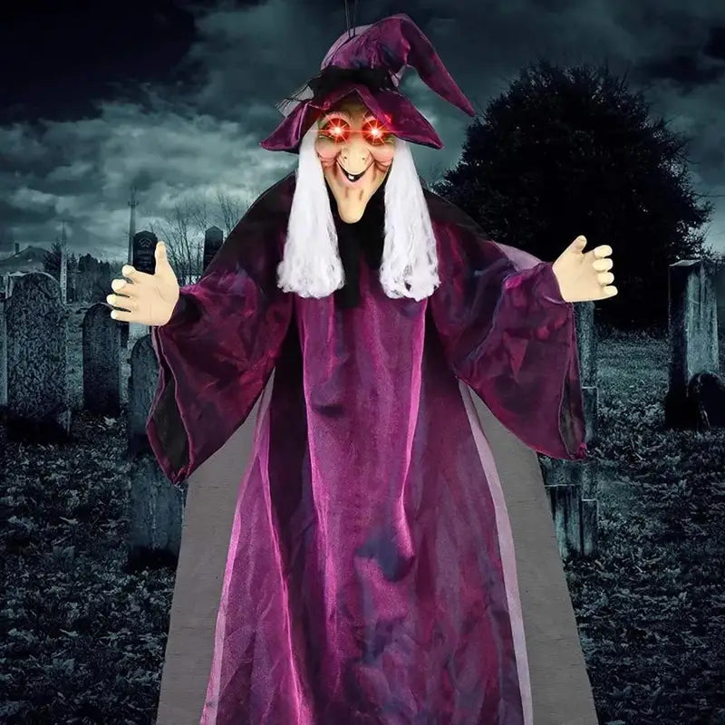 Life Size Talking Witch Halloween Decor - Purple Outdoor Animatronic with Voice Control