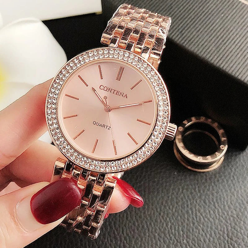 Luxury Women's Fashion Quartz Watch with Rhinestones and Stainless Steel Band