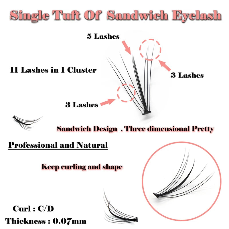 False Eyelash Clusters - Handmade Sandwich Mink Extensions, 60 Clusters