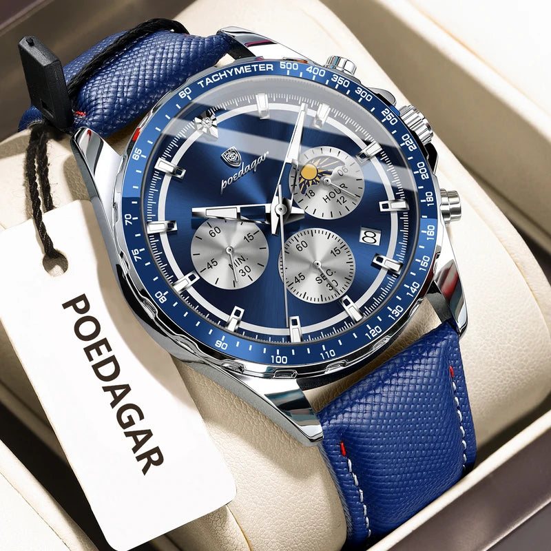 Men's Waterproof Luminous Chronograph Sport Wristwatch with Leather Strap
