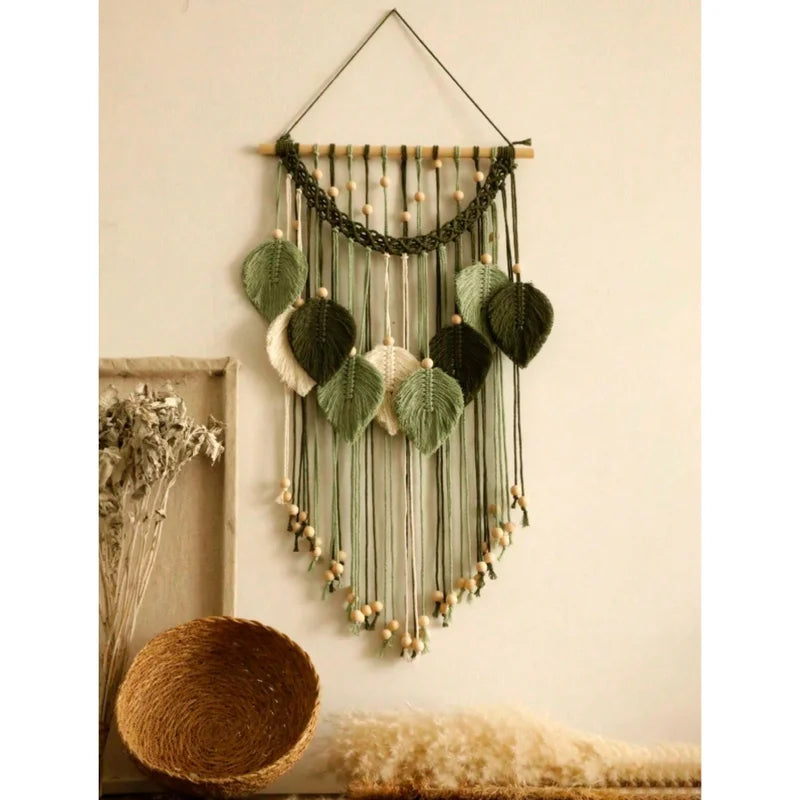 Leaf-Shaped Wall Hanging Decor Bohemian Tassel Tapestry Rustic Wall Art