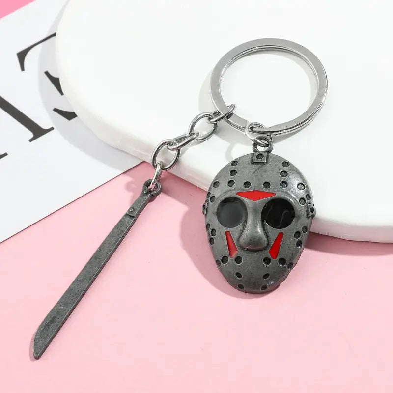 Hockey Mask Machete Keychain Halloween Cosplay Accessory for Men Women