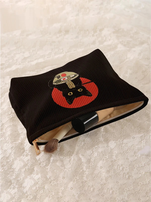 Black Cat Pattern Corduroy Makeup Bag with Zipper - Lightweight Storage Organizer