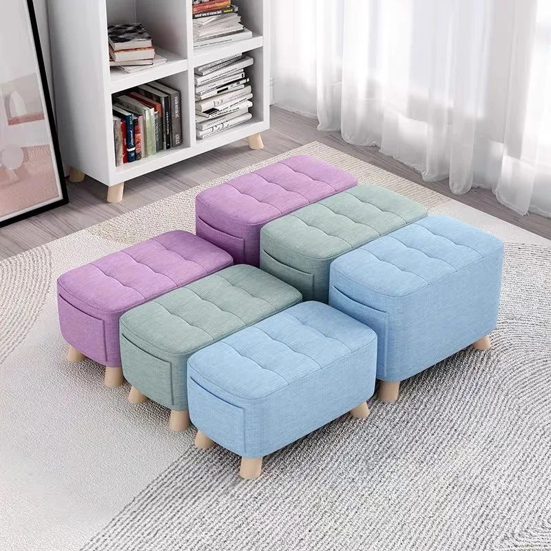 Wooden Fabric Stool for Home Shoe Changing, Footstool, Living Room Seat
