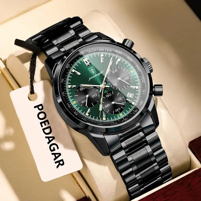 Men's Waterproof Luminous Chronograph Quartz Watch with Stainless Steel Band