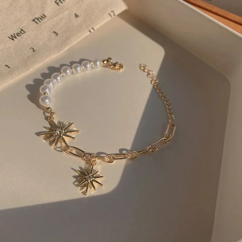 Women Heart Charm Star Fire Ball Bracelet with Imitation Pearls