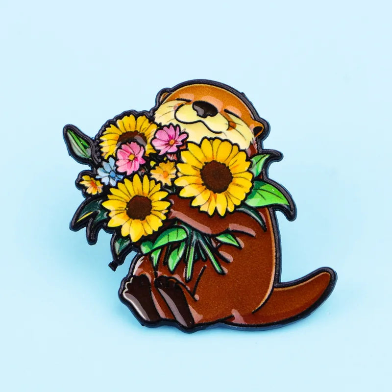 Cute Sunflower Otter Enamel Lapel Pin Jewelry Accessories Gift for Friends