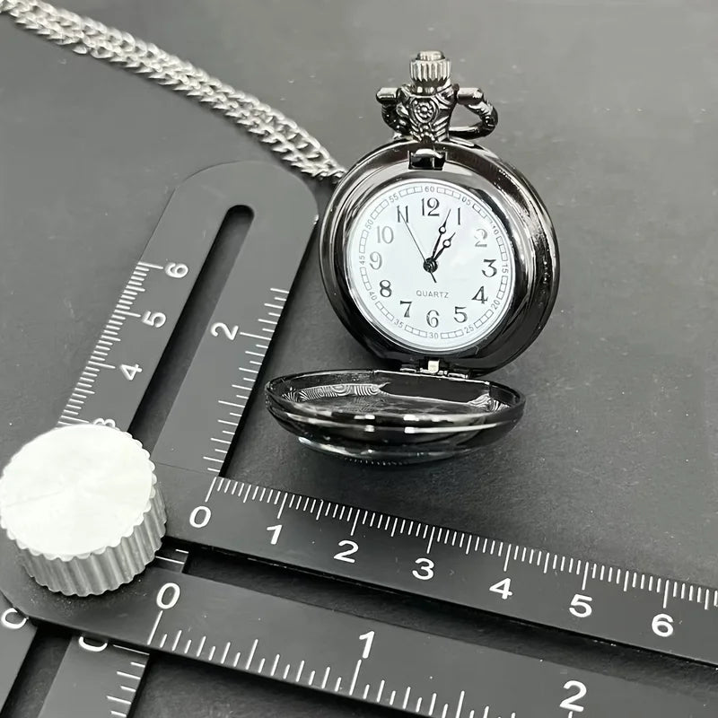 Vintage Gothic Crow & Skull Pocket Watch with Black Chain - Halloween Gift