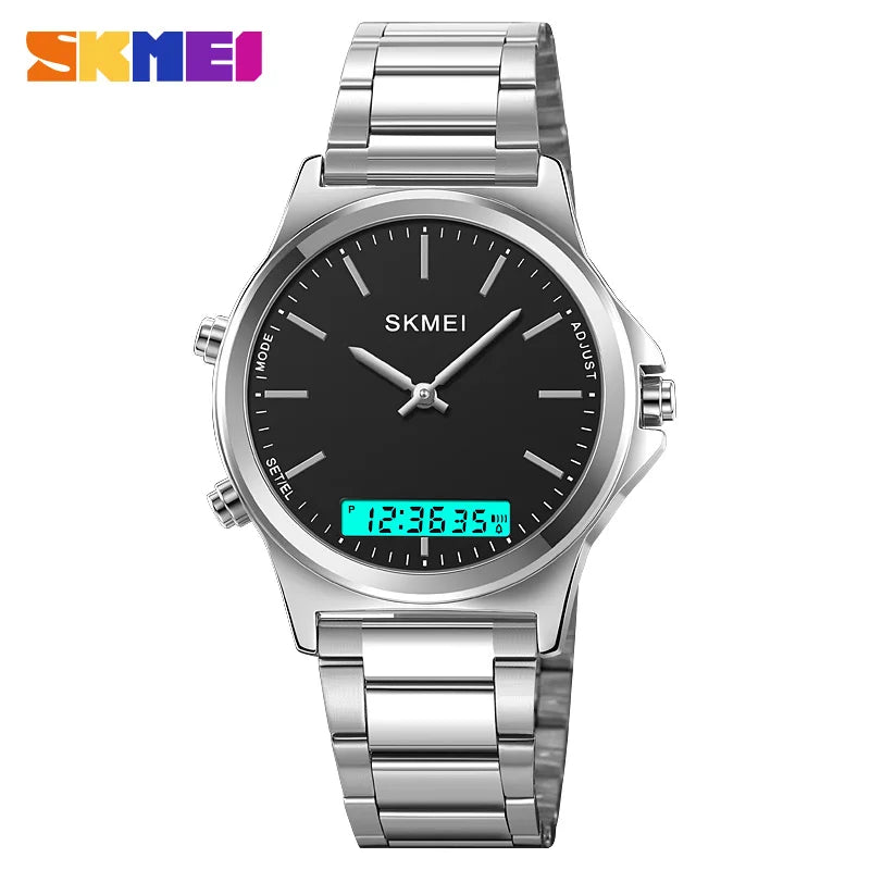 Digital Quartz Sport Watch for Men Waterproof Stainless Steel Dual Display