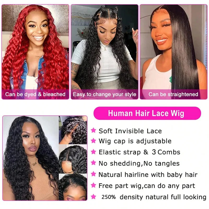 HD Lace Frontal Wig 40in Brazilian Virgin Human Hair Deep Wave Natural Hairline