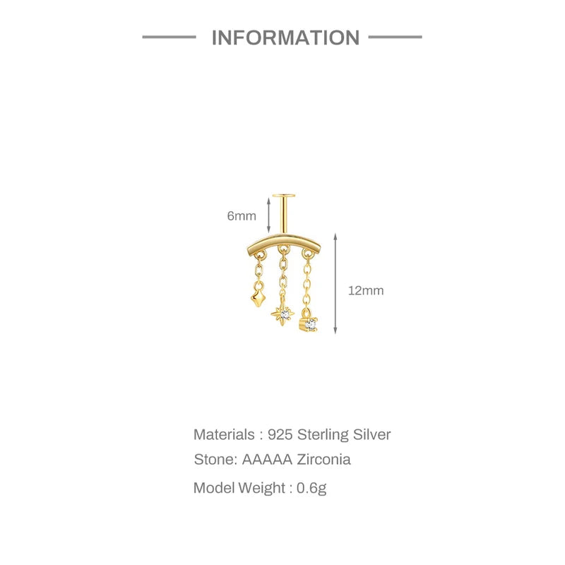 Sterling Silver CZ Star Ear Piercing Stud with Chain for Women - Fine Jewelry