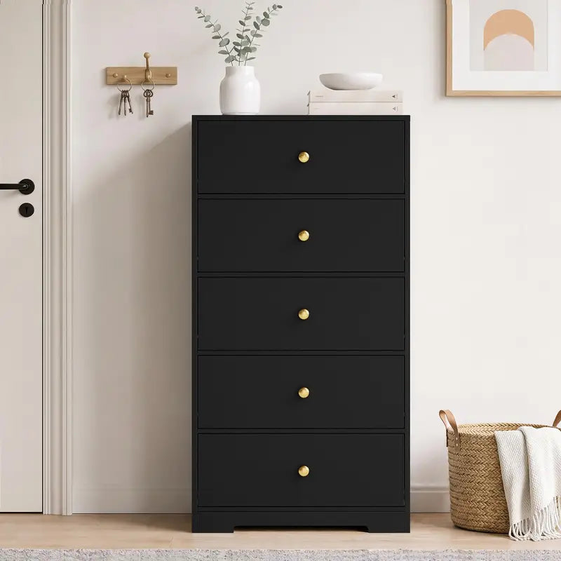 5-Drawer Tall Storage Cabinet for Living Room & Bedroom with Gold Handles