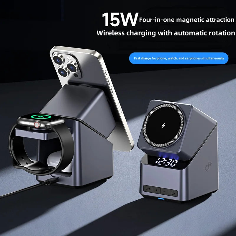 4-in-1 Magnetic Wireless Charger Station with Digital Clock, Fast Charging for iPhone, Apple Watch, AirPods, 180° Rotation