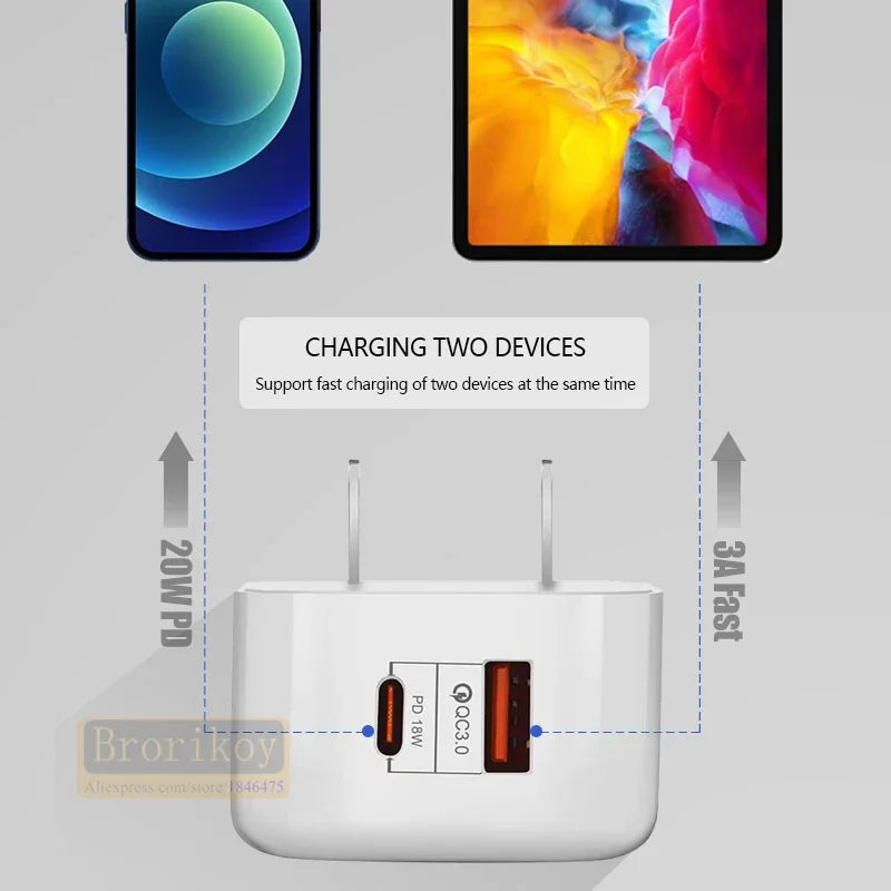 20W Fast Charging USB Wall Adapter with QC 3.0 & PD for iPhone & Samsung