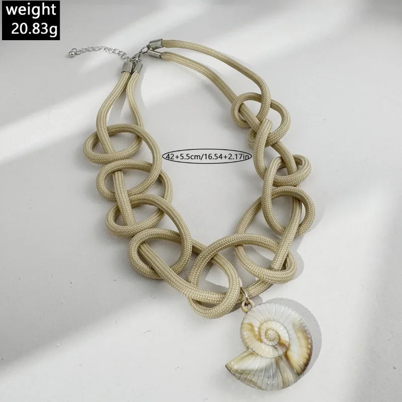 Boho Chunky Woven Rope Chain Necklace with Shell Pendant for Women