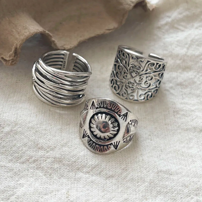 925 Sterling Silver Geometric Adjustable Ring for Women - Flower Hollow Design